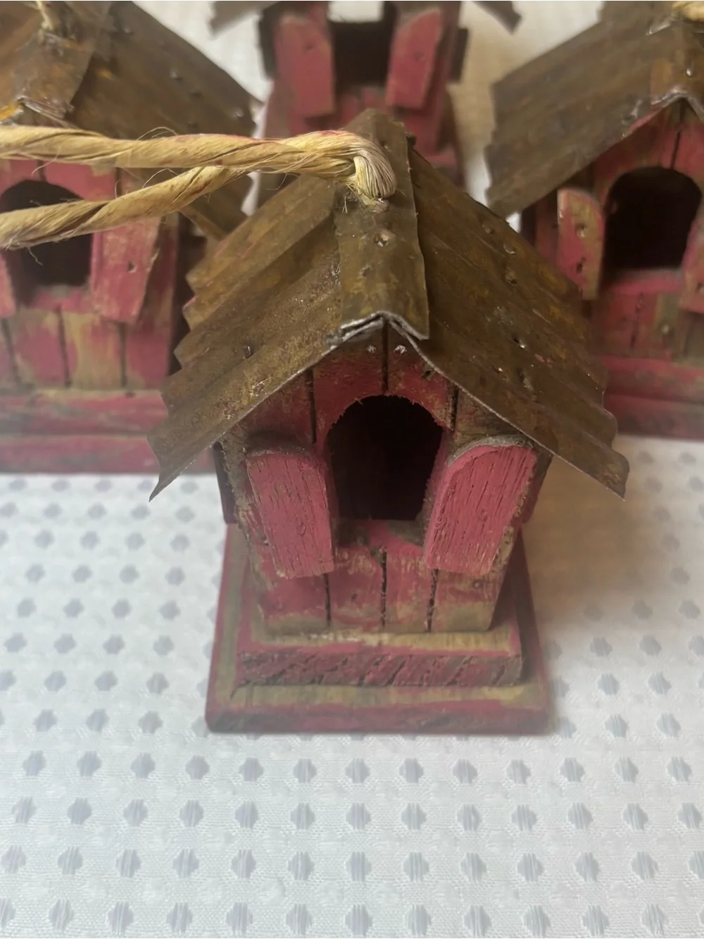 Rustic Primitive Red Wooden Birdhouse Ornaments Metal Roof Set of 6
